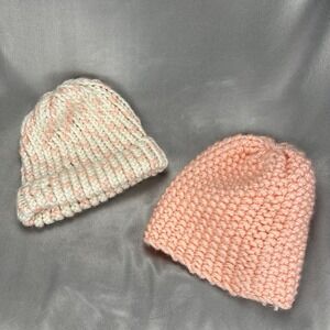 Homemade Chunky Knit Beanie Hat‎ 2 Pc Lot Peach Cream Soft & Cozy Cap – One Size